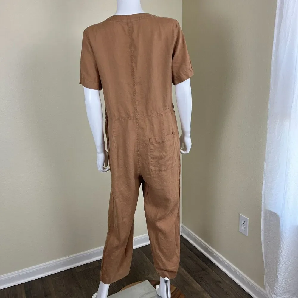Everlane Women's Size 8 Camel Linen Straight Leg Cropped Jumpsuit Causal Minimal